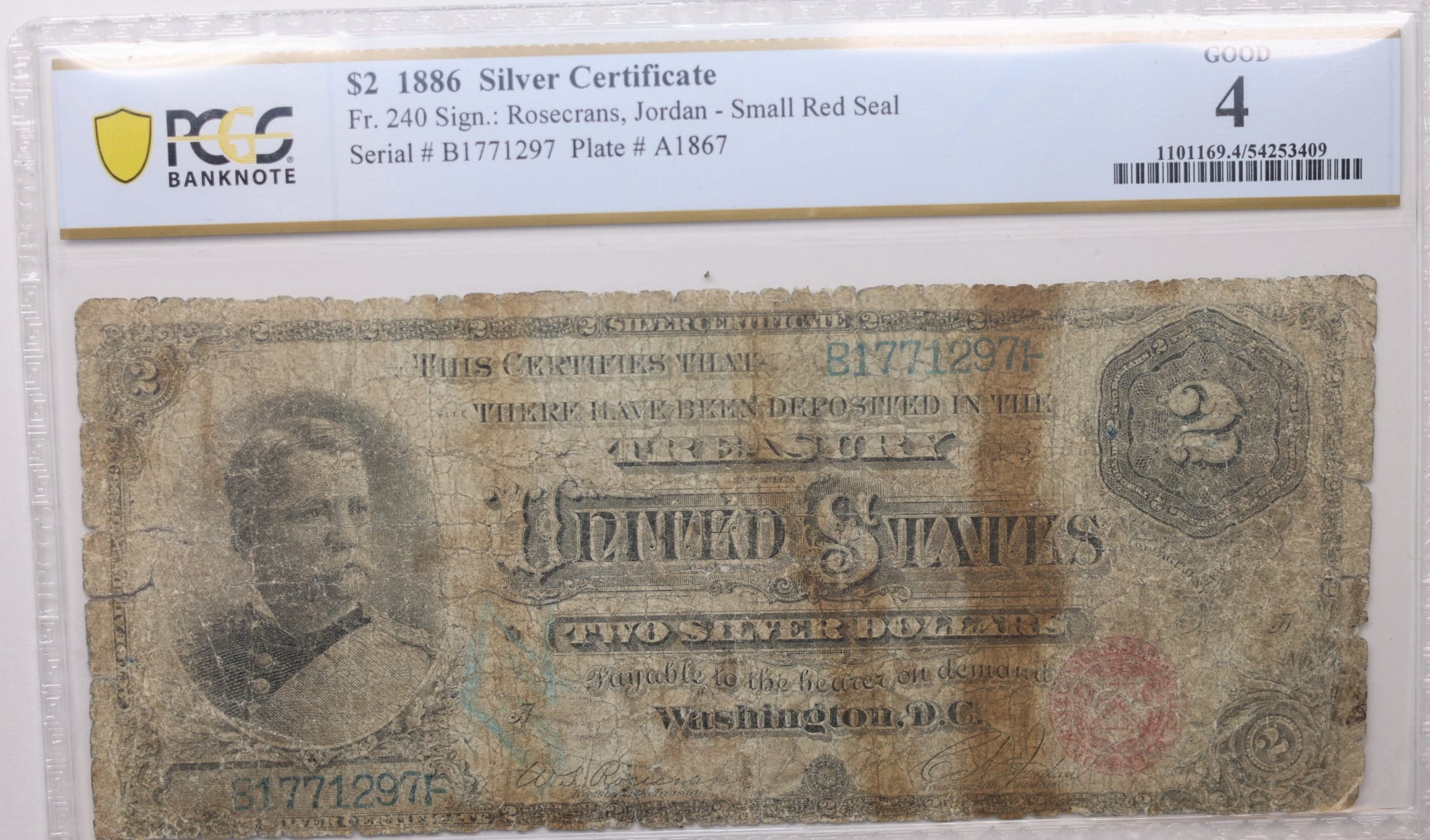 1886 $2 Silver Certificate, PCGS Good-4, Very Worn, Store #GLSC002.