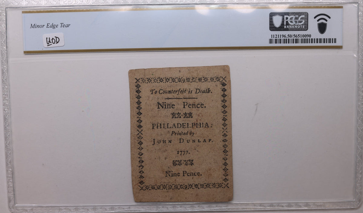 1777 Pennsylvania, 9 Pence, Fr-PA212, PCGS AU-50, Store #GCY028.