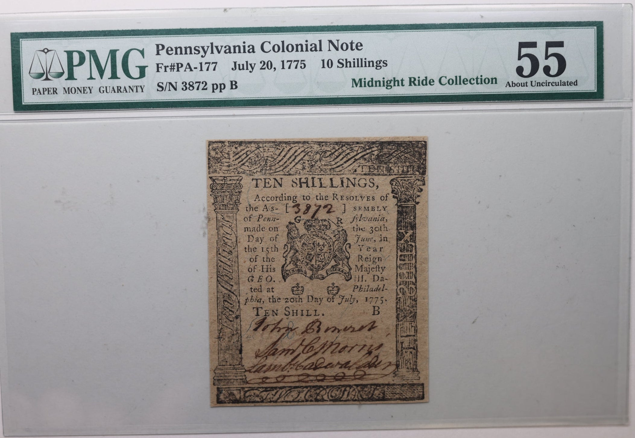 July 20, 1775, 10 Shillings, Fr# PA-177, PMG AU-55, Store #GCY029.