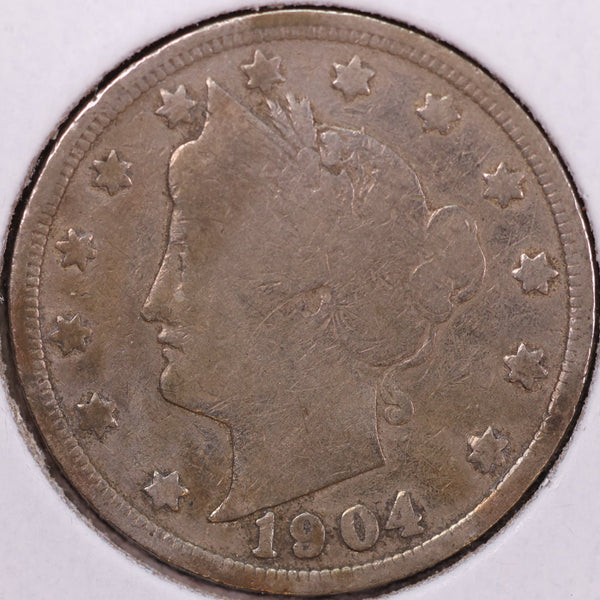 1904 Liberty Nickel, Very Good Circulated Coin. Store #12039