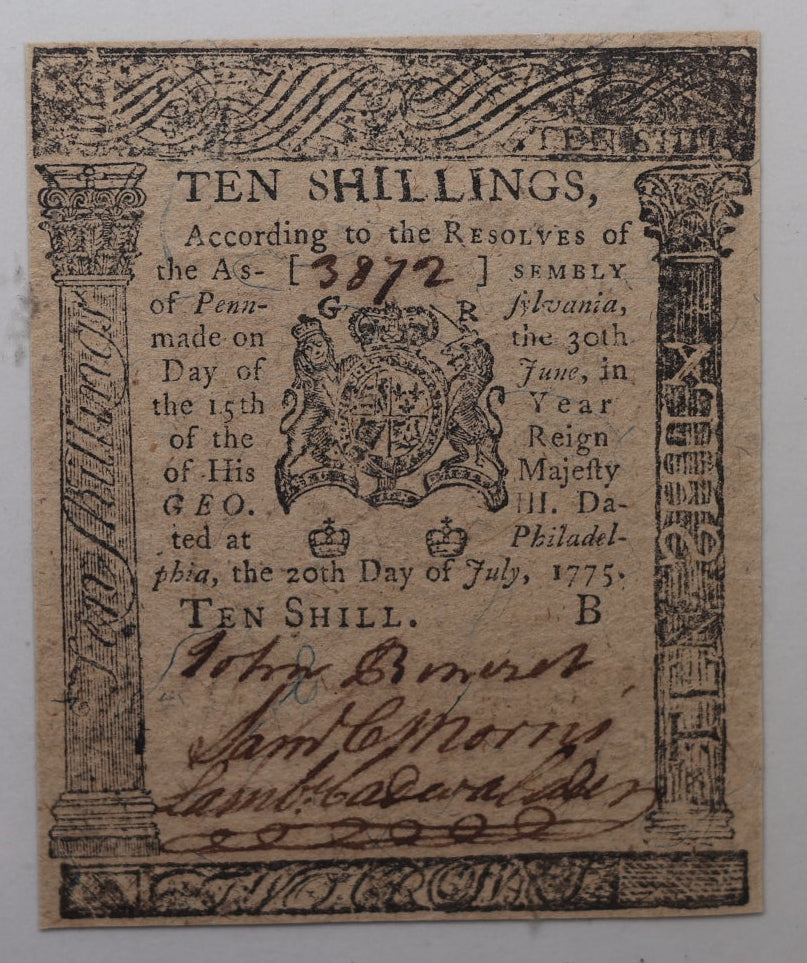 July 20, 1775, 10 Shillings, Fr# PA-177, PMG AU-55, Store #GCY029.