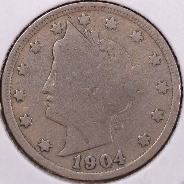 1904 Liberty Nickel, Very Good Circulated Coin. Store #12040