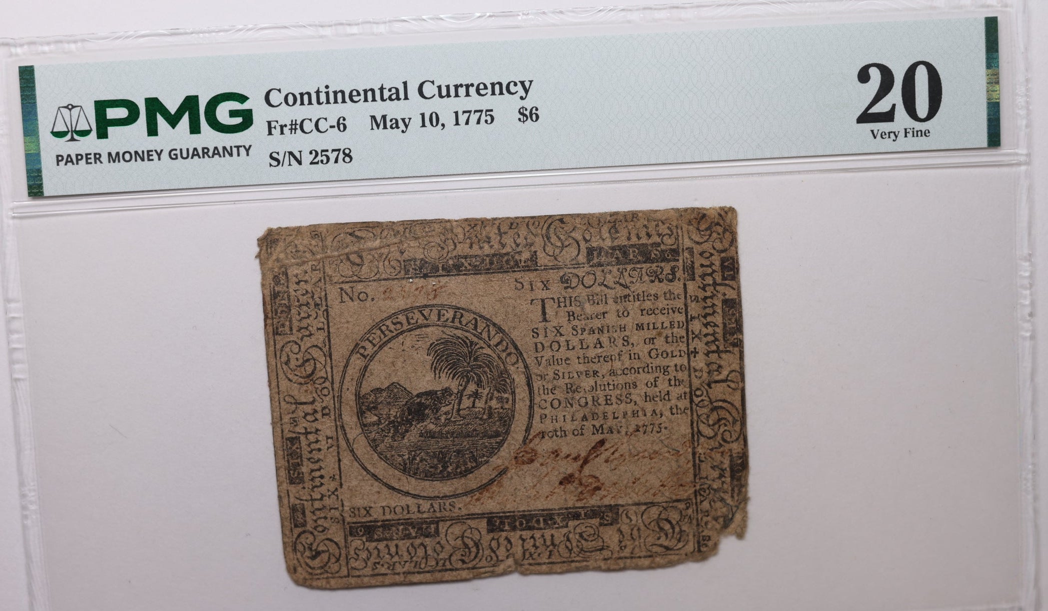 May 10, 1775 $6, Continental Currency, PMG VF-20, Store #GCY030.