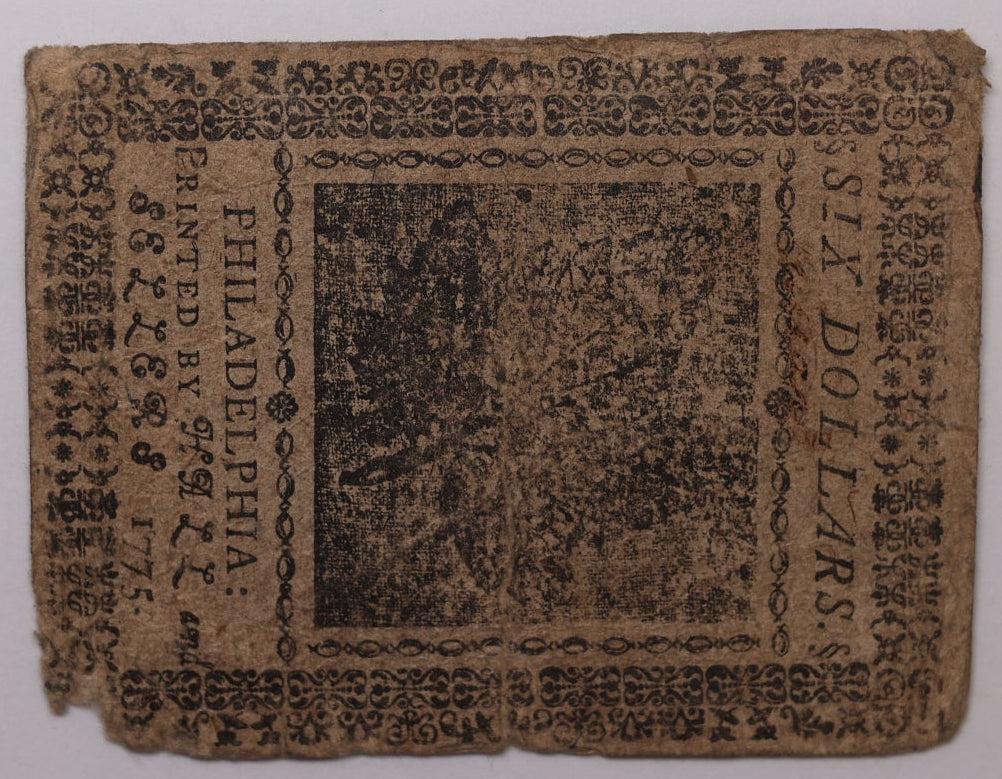 May 10, 1775 $6, Continental Currency, PMG VF-20, Store #GCY030.
