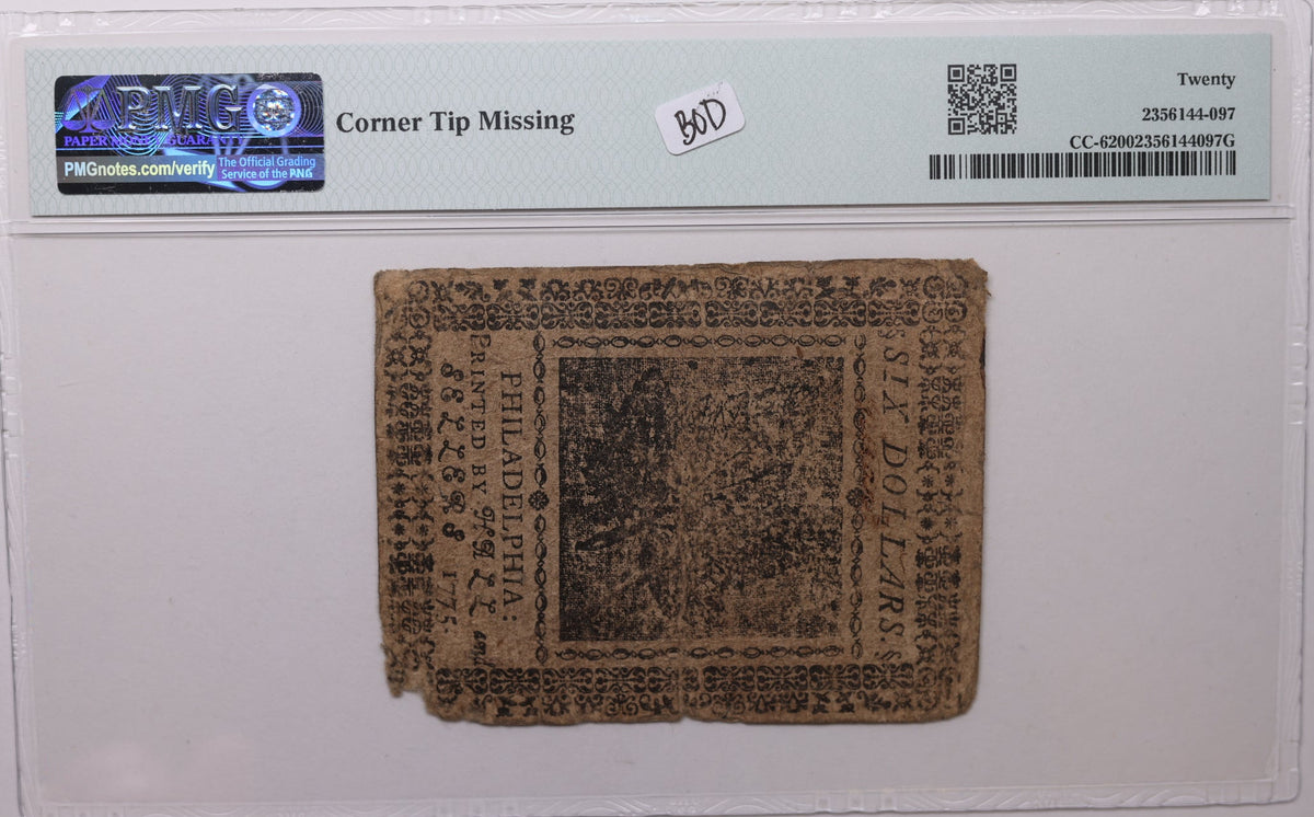 May 10, 1775 $6, Continental Currency, PMG VF-20, Store #GCY030.