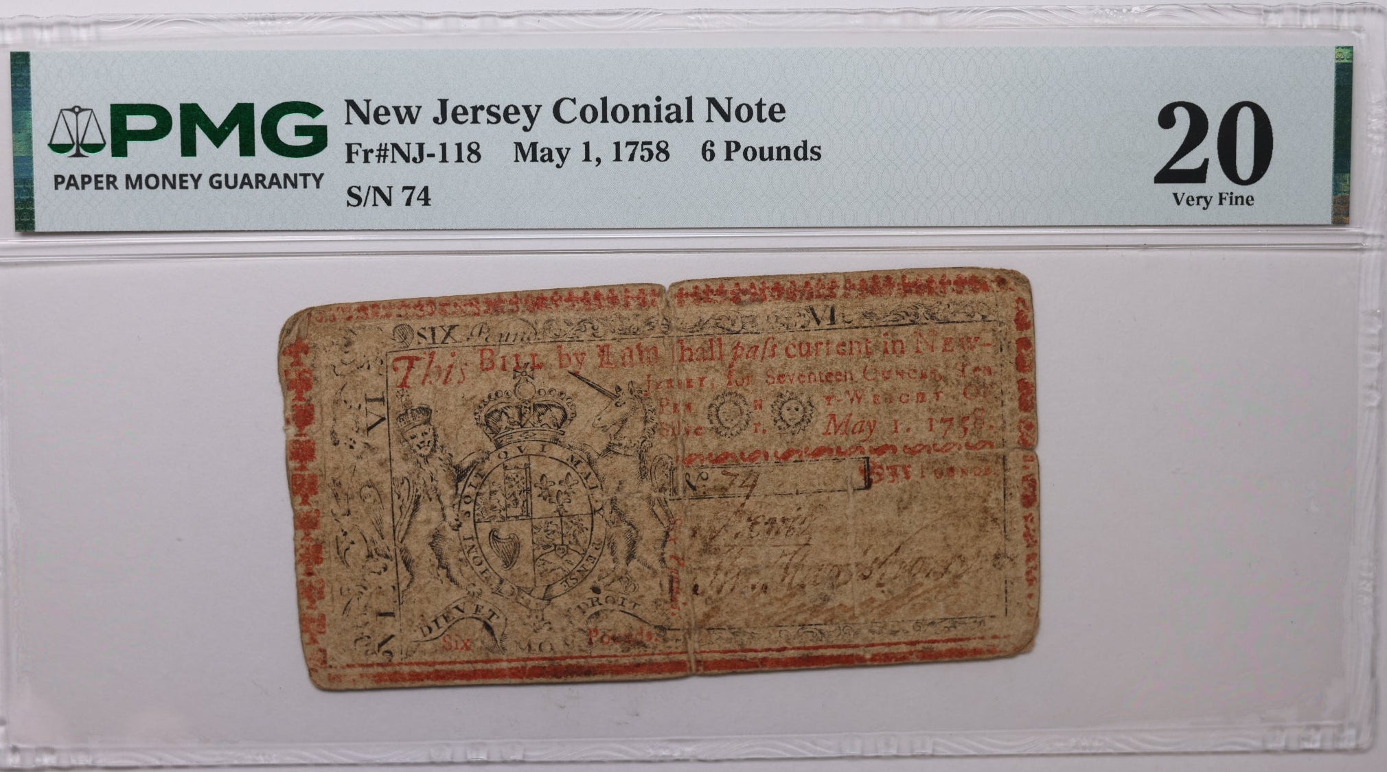 May 1, 1758, 6 Pounds, Fr# NJ-118, PMG VF-20, Store #GCY031.