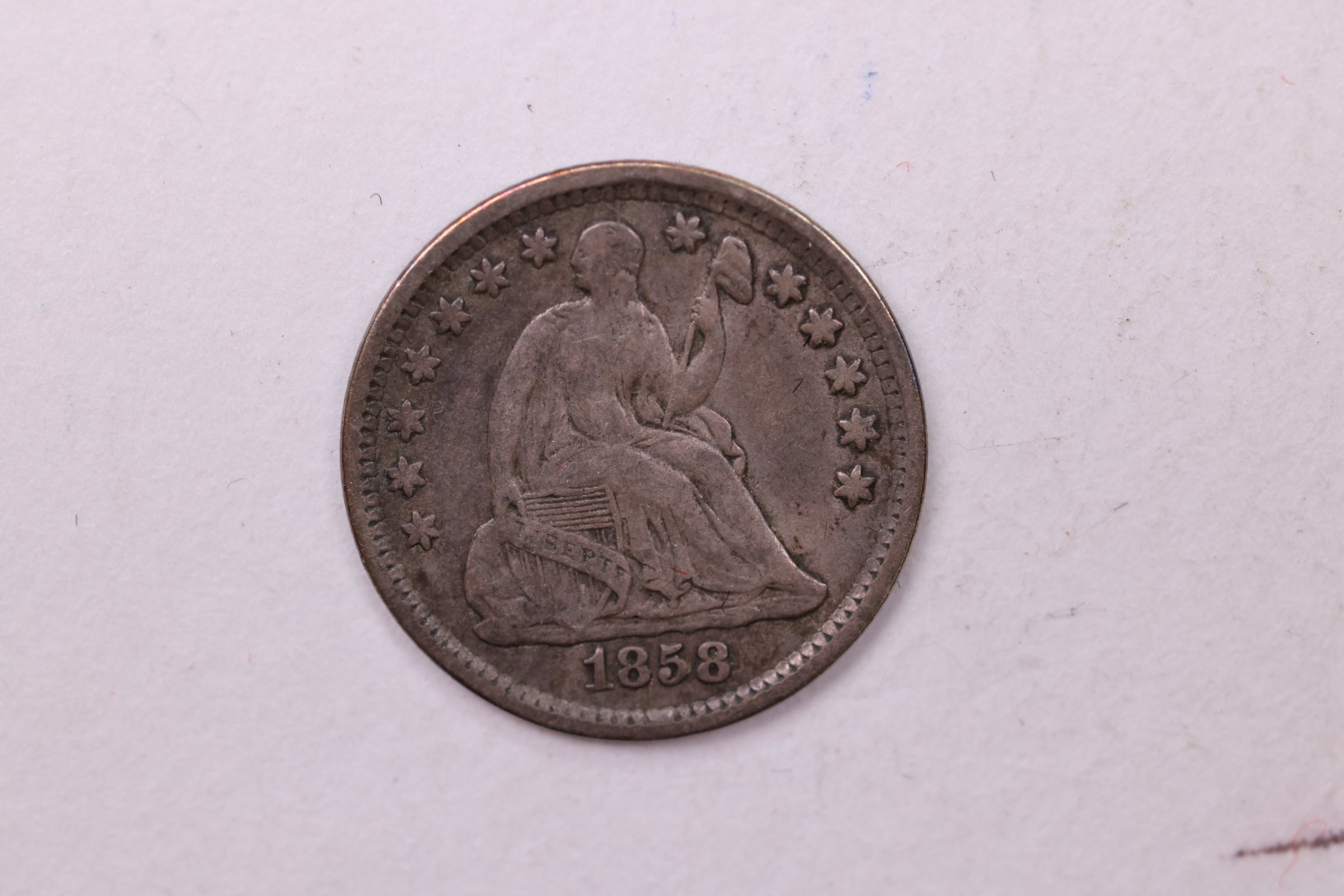 1858 Seated Liberty Half Dime., X.F.+ Coin., Store Sale #18913