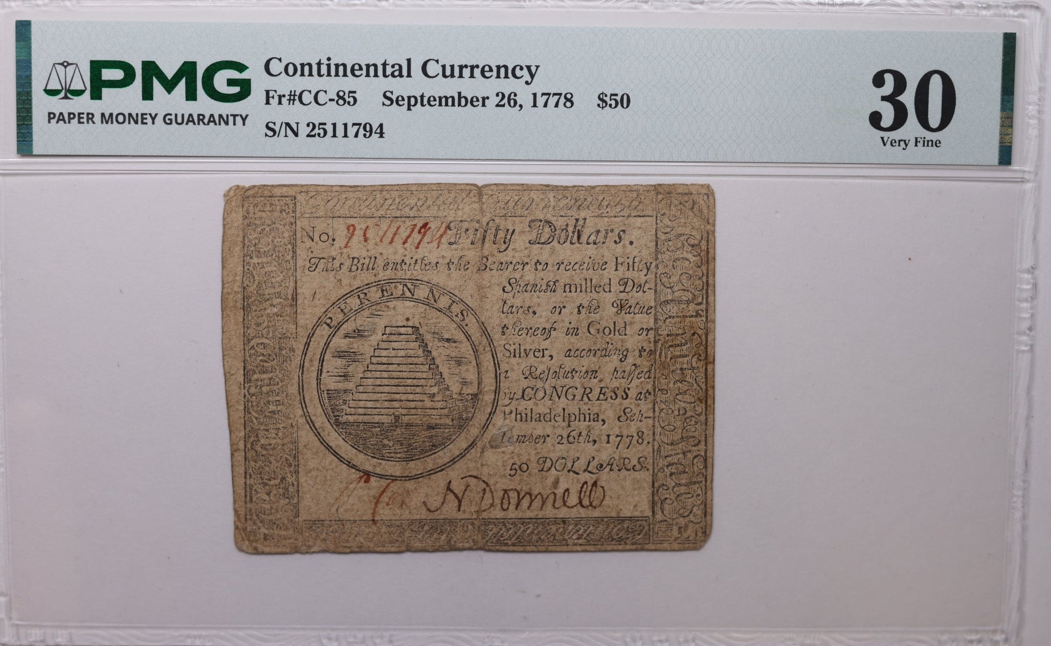 September 26, 1778, $50, Continental Currency, PMG VF-30, Store #GCY032.