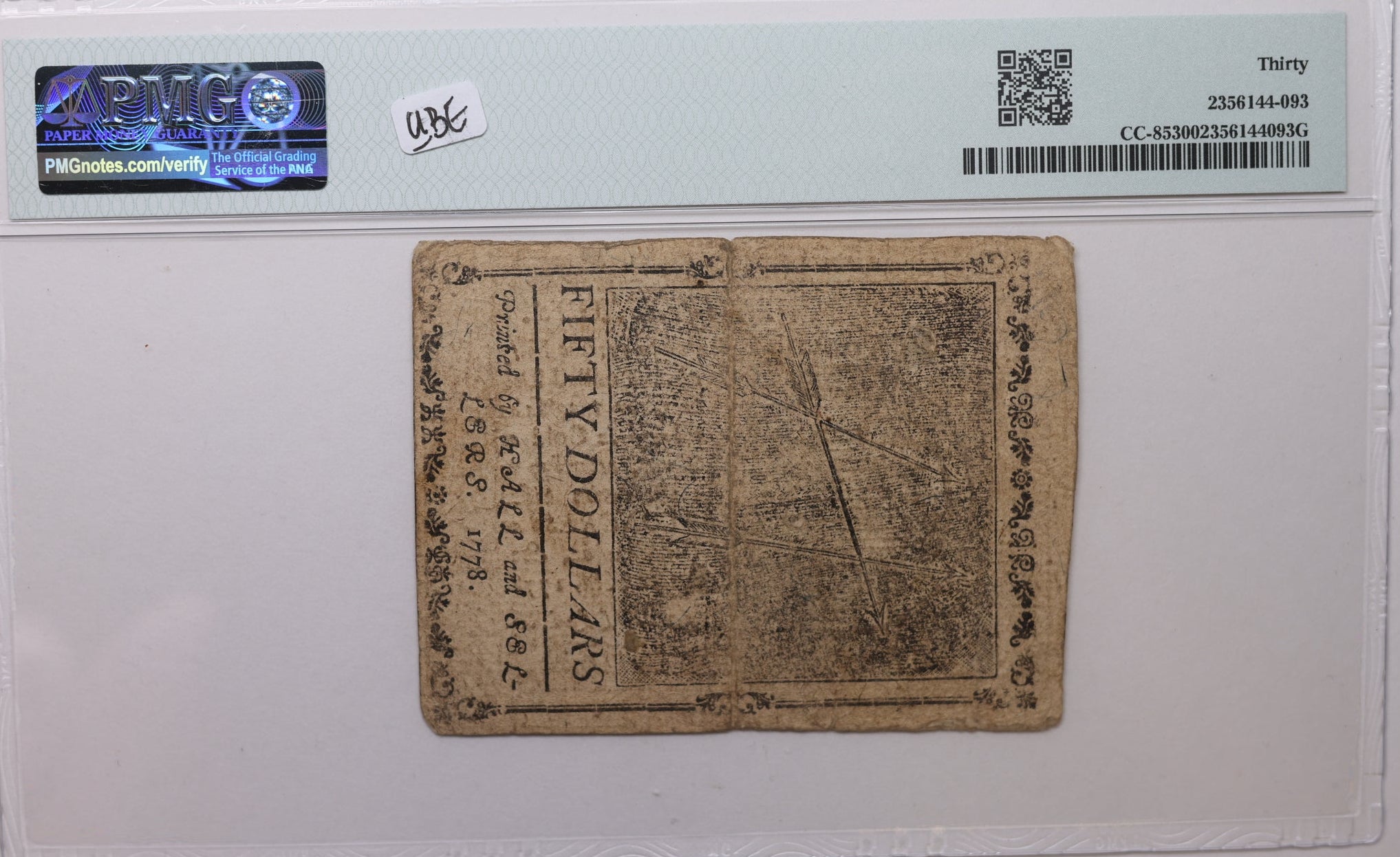September 26, 1778, $50, Continental Currency, PMG VF-30, Store #GCY032.