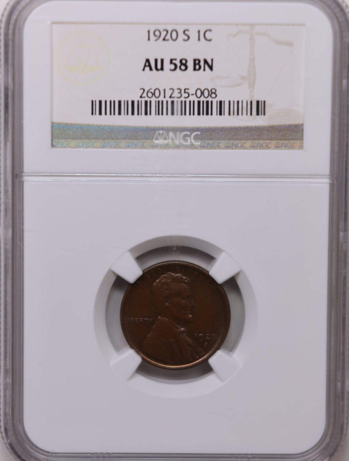 1920-S Lincoln Wheat Cents, NGC Graded AU-58 Brown, Store #CT1570.