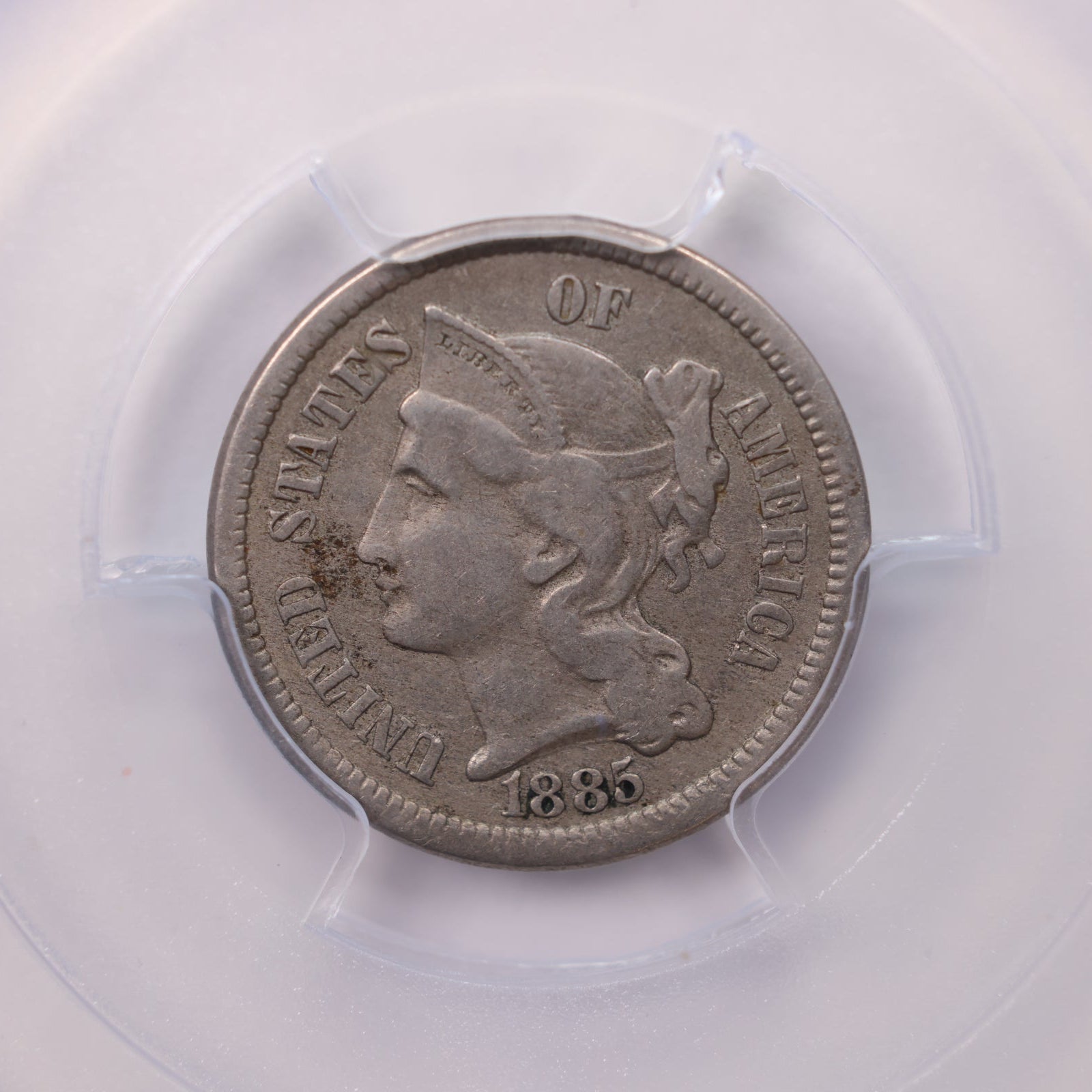 1885 3 Cent CN, Tough Date. Graded and Certified, PCGS VF-35, SALE #G3C012.