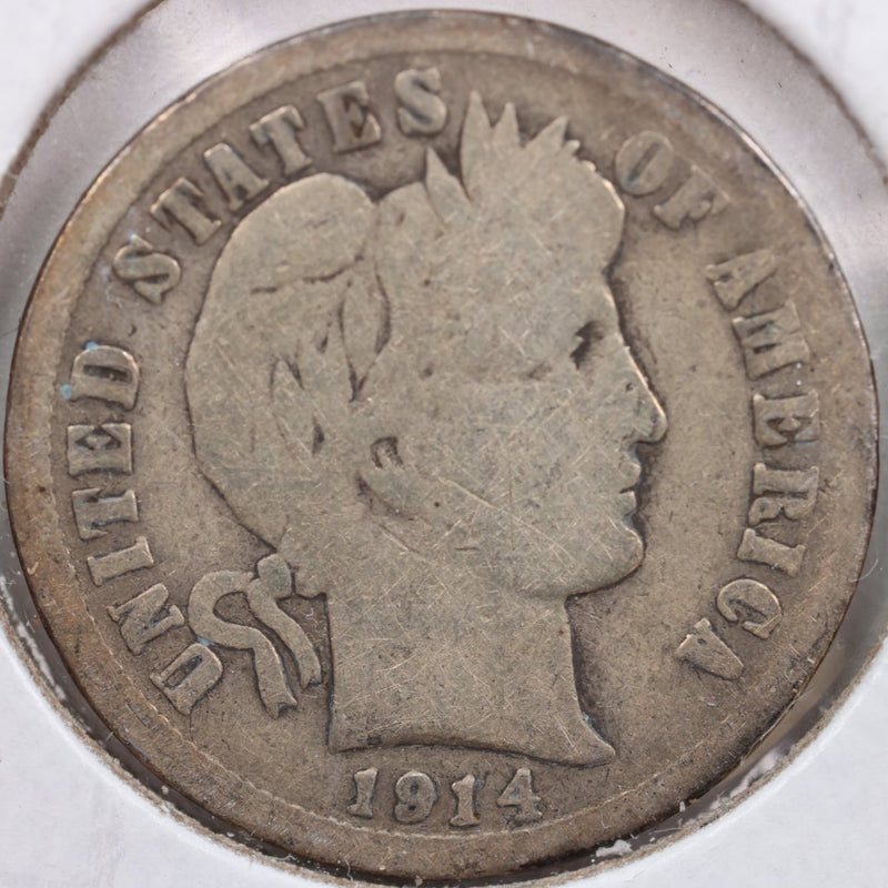 1914-D Barber Silver Dime, Very Good Circulated Coin, Store Sale