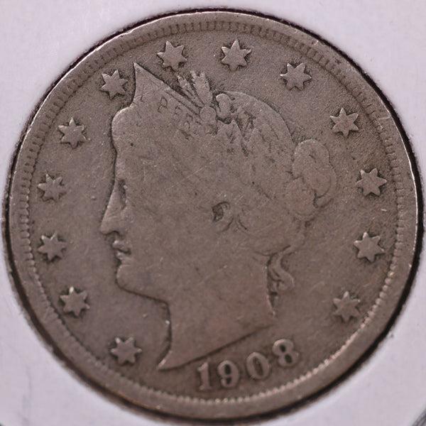 1908 Liberty Nickel, Very Good Circulated Coin. Store #12086