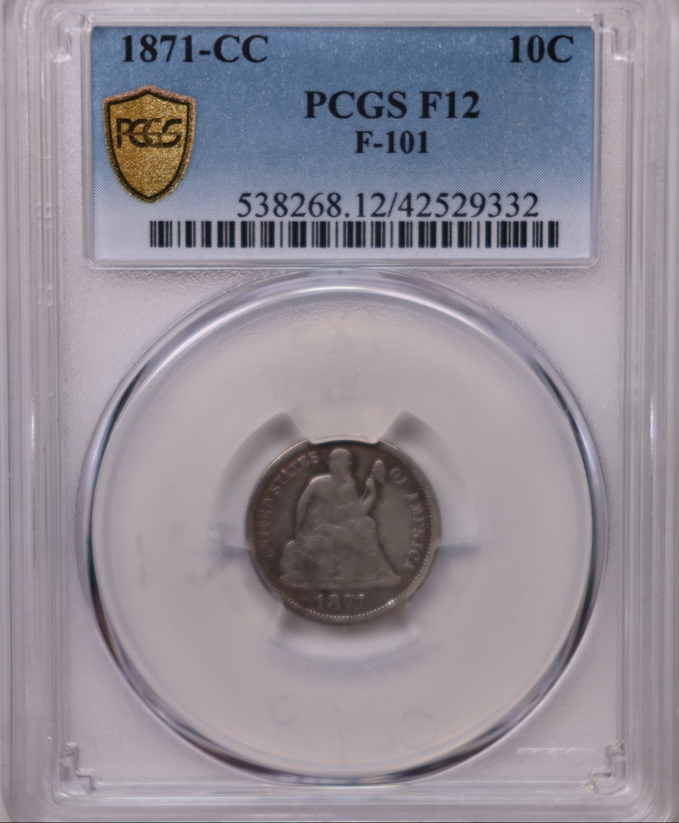 1871-CC Seated Liberty Dime, PCGS F-12, Circulated Coin, Store Sale #DE1002.