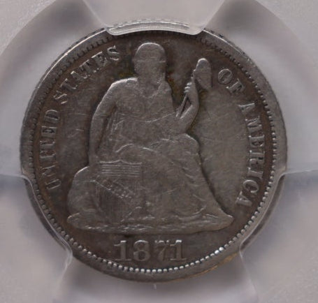 1871-CC Seated Liberty Dime, PCGS F-12, Circulated Coin, Store Sale #DE1002.