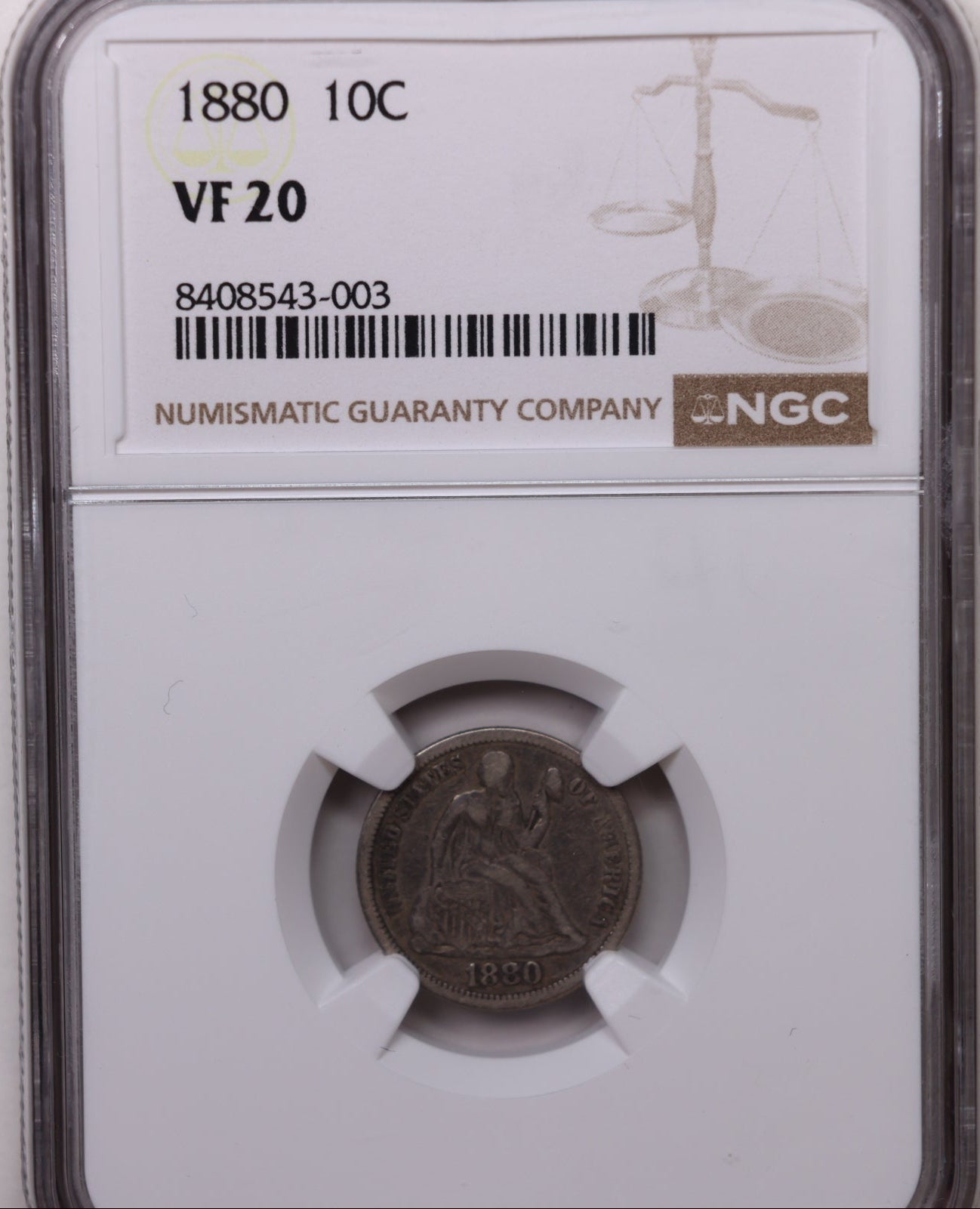 1880 Seated Liberty Dime, NGC VF-20, Circulated Coin, Store Sale #DE1003.