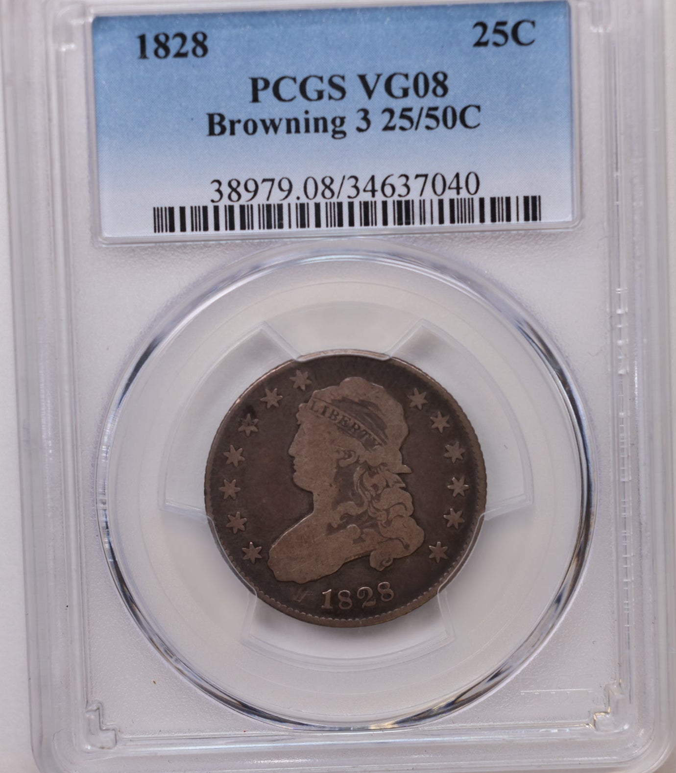 1828 Cap Bust Silver Quarter, B-3, 25/50 Cent, PCGS VG-08, Store #QR1951.