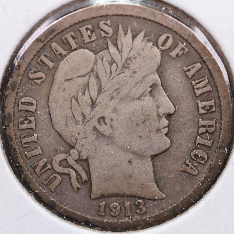 1913 Barber Silver Dime, Fine Circulated Coin, Store Sale