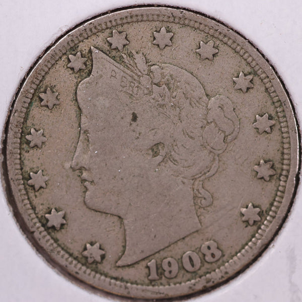 1908 Liberty Nickel, Good+ Circulated Coin. Store #12091
