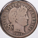 1913 Barber Silver Dime, Very Good+ Circulated Coin, Store Sale
