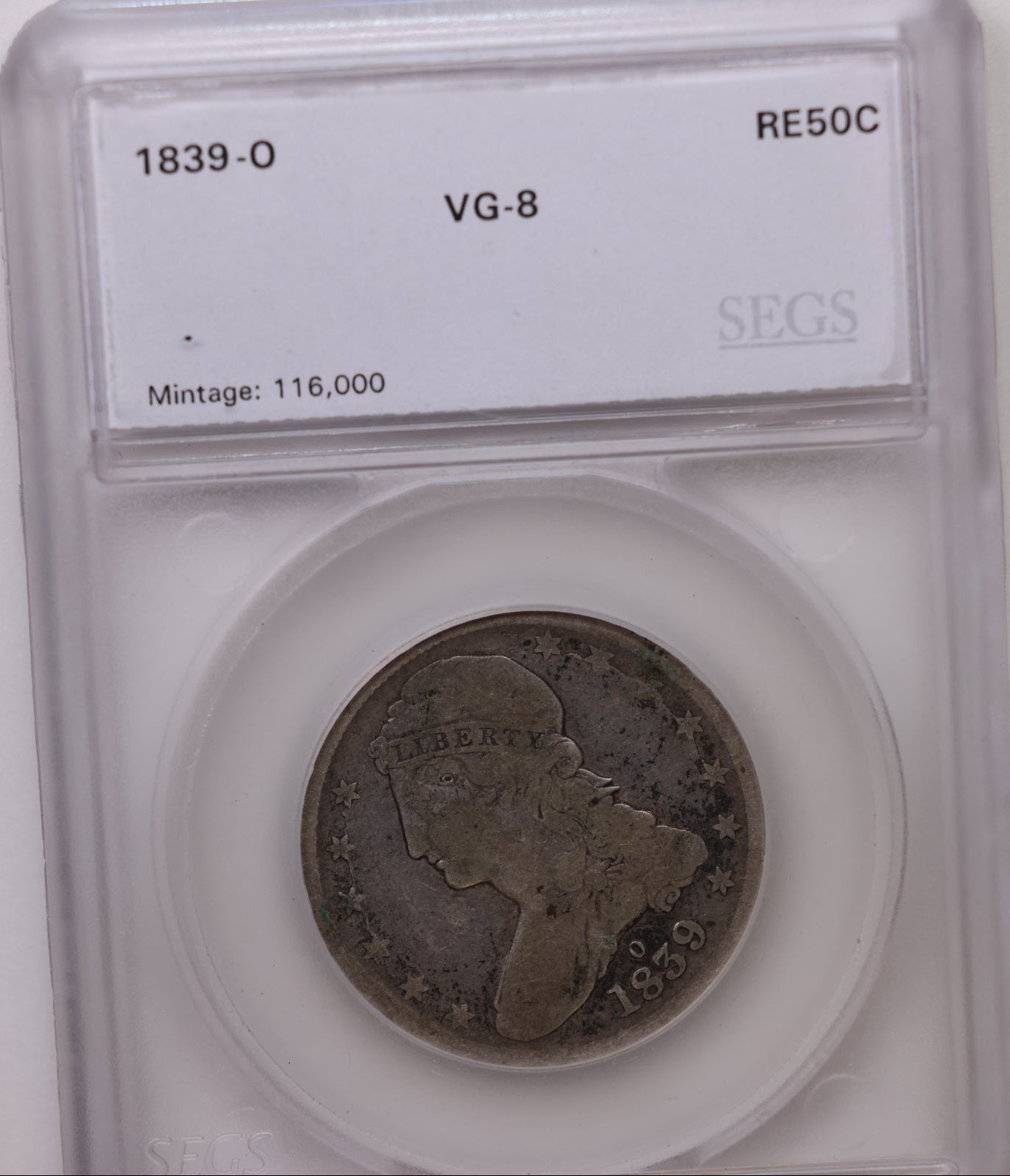 1839-O Cap Bust Half Dollar, Harder Date, Very Good Circulated Coin, Store#HR2048.