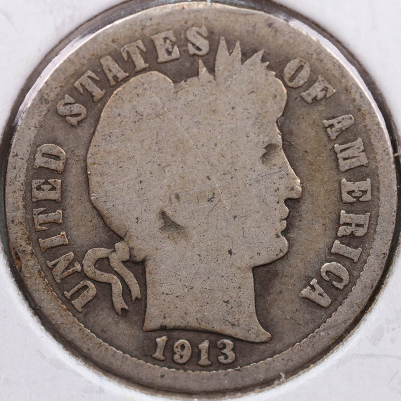 1913 Barber Silver Dime, Good Circulated Coin, Store Sale