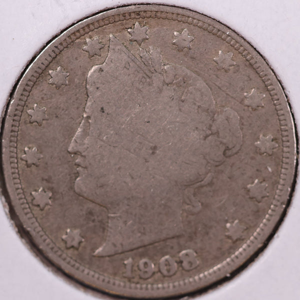 1908 Liberty Nickel, Net Good Circulated Coin. Store #12096