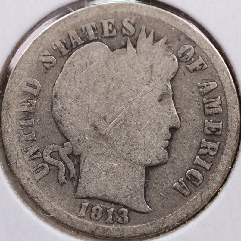 1913 Barber Silver Dime, Good Circulated Coin, Store Sale