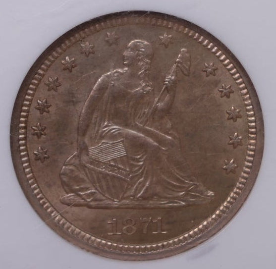 1871-S Seated Liberty Silver Quarter, NGC MS62 Uncirculated Coin, Store #QR1955.