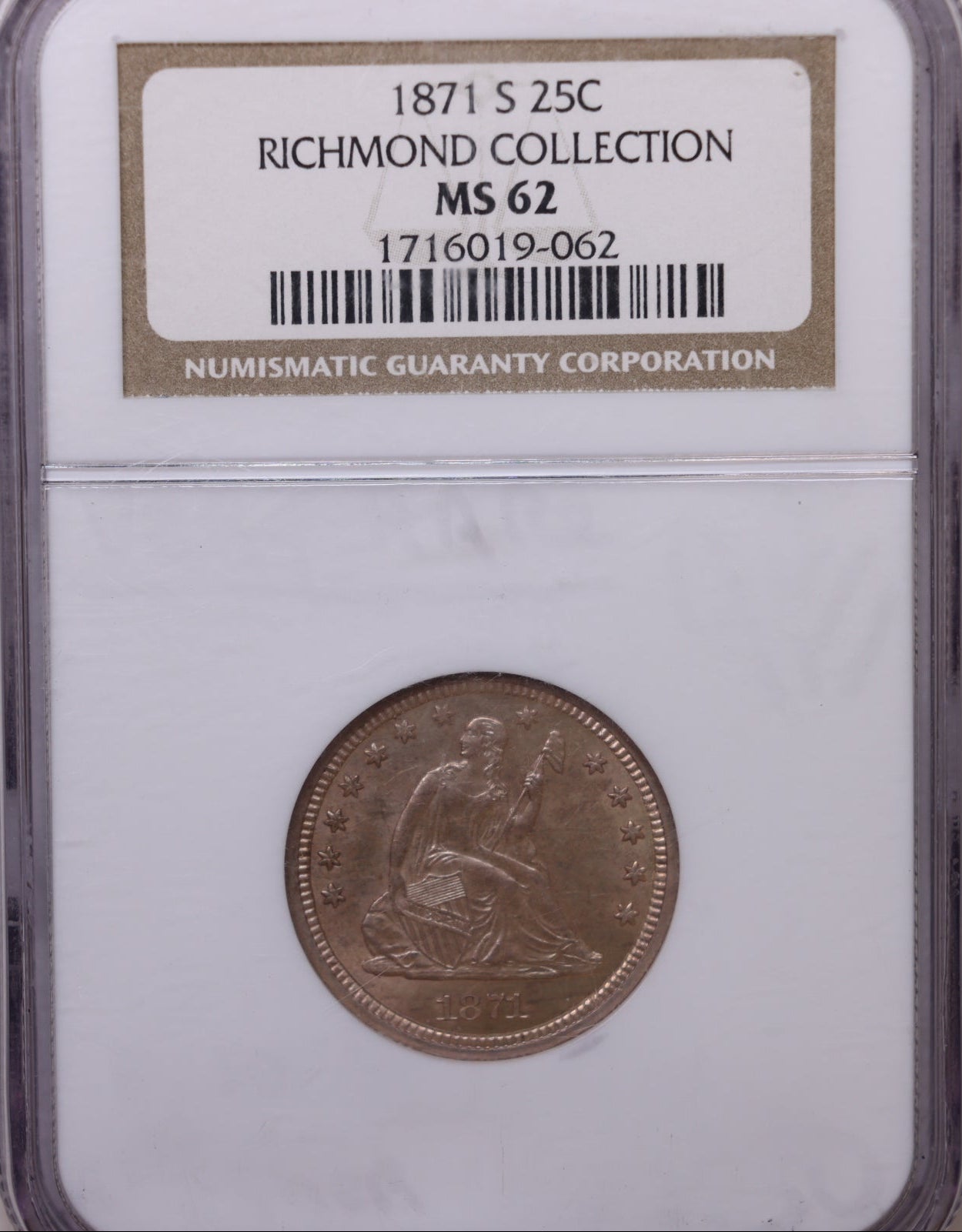 1871-S Seated Liberty Silver Quarter, NGC MS62 Uncirculated Coin, Store #QR1955.