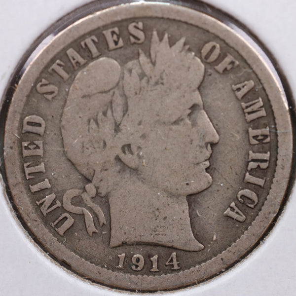 1914 Barber Silver Dime, Very Good Circulated Coin, Store Sale #d914.03