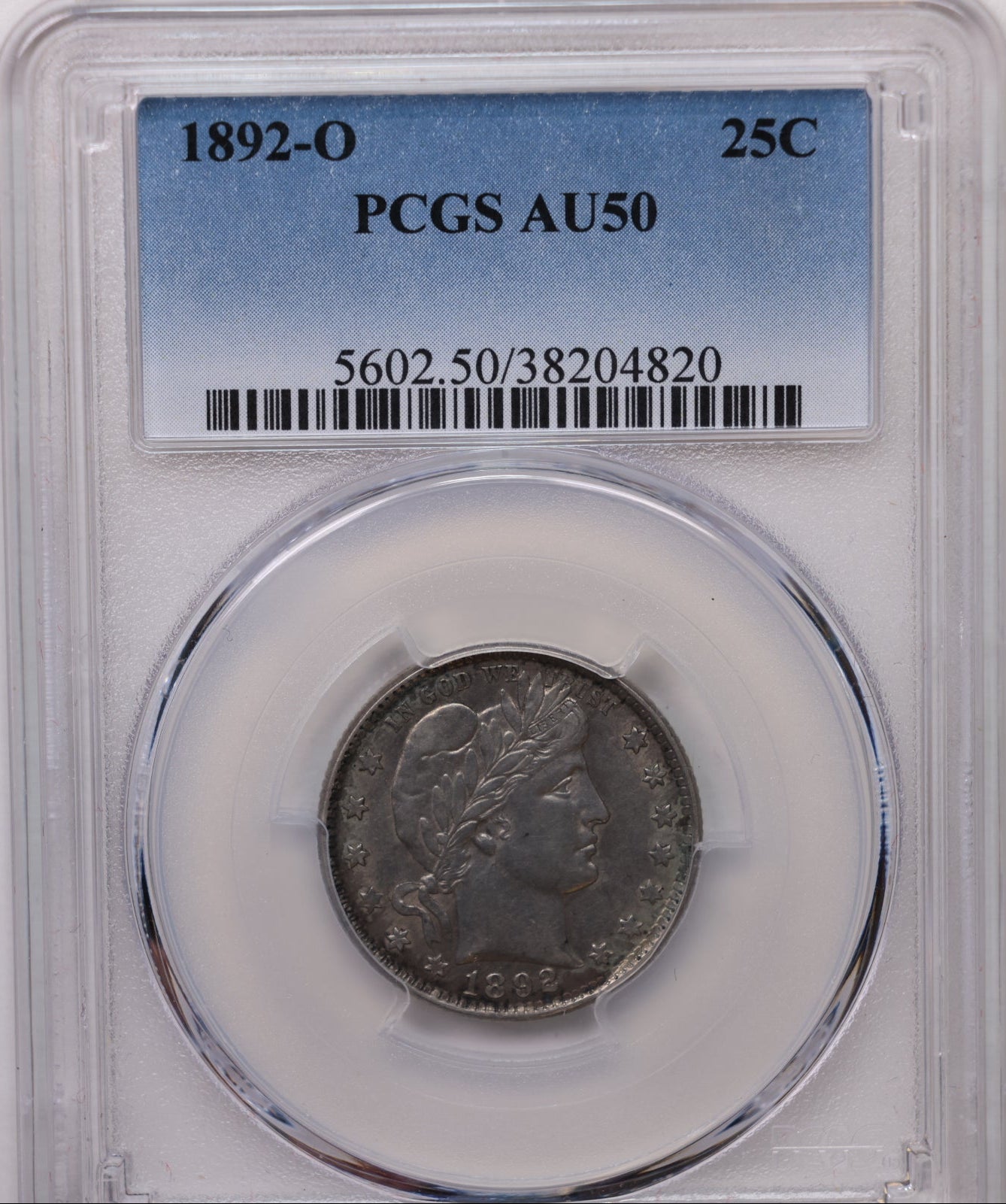 1892-O Barber Silver Quarter, Nice Eye Appeal, PCGS AU-50, Store Sale #QR1956