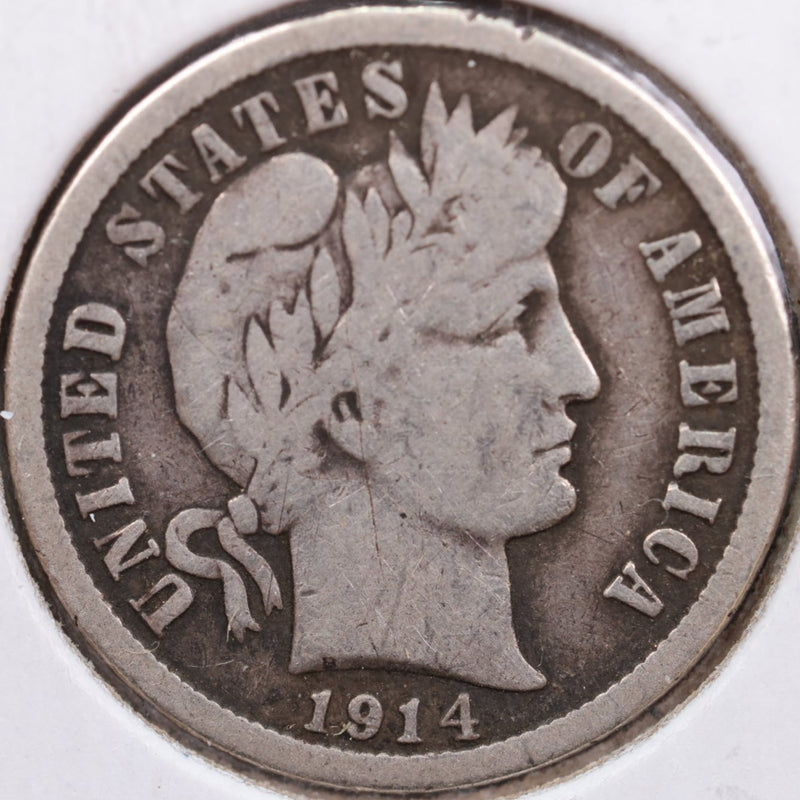 1914 Barber Silver Dime, Fine Circulated Coin, Store Sale