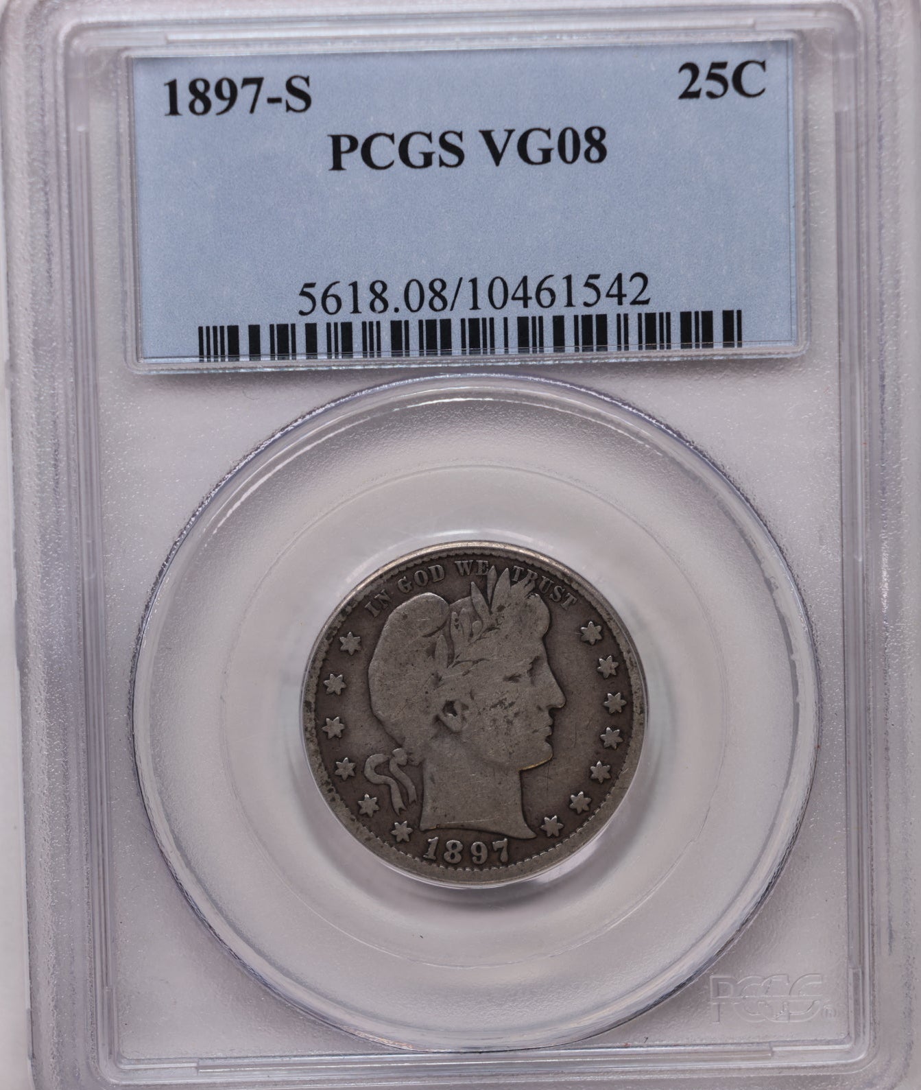1897-S Barber Silver Quarter, Nice Eye Appeal, PCGS VG-8, Store Sale #QR1957.