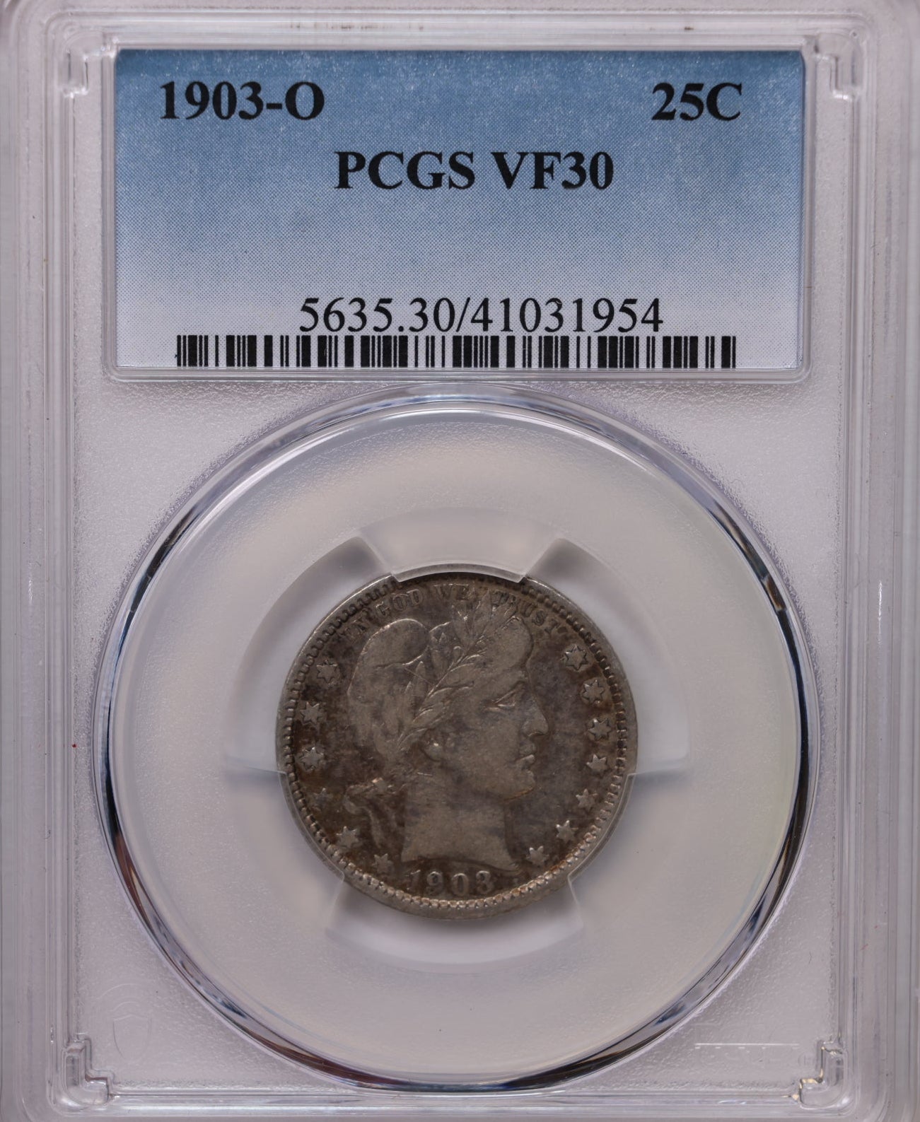 1903-O Barber Silver Quarter, Nice Eye Appeal, PCGS VF-30, Store Sale #QR1958.