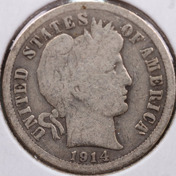 1914 Barber Silver Dime, Very Good Circulated Coin, Store Sale #d914.08