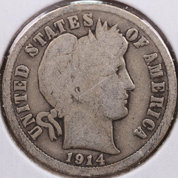 1914 Barber Silver Dime, Very Good Circulated Coin, Store Sale #d914.09