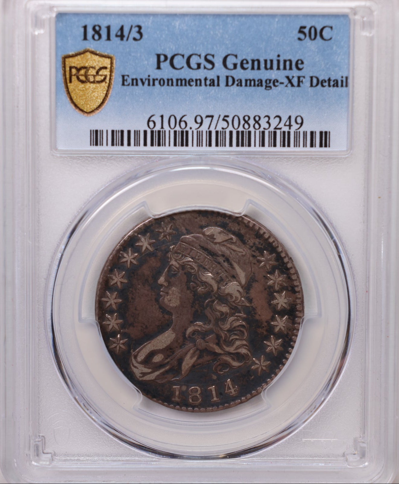 1814/3 Cap Bust Silver Half Dollar, Overdate, PCGS (XF), Genuine. Store #HR2049.