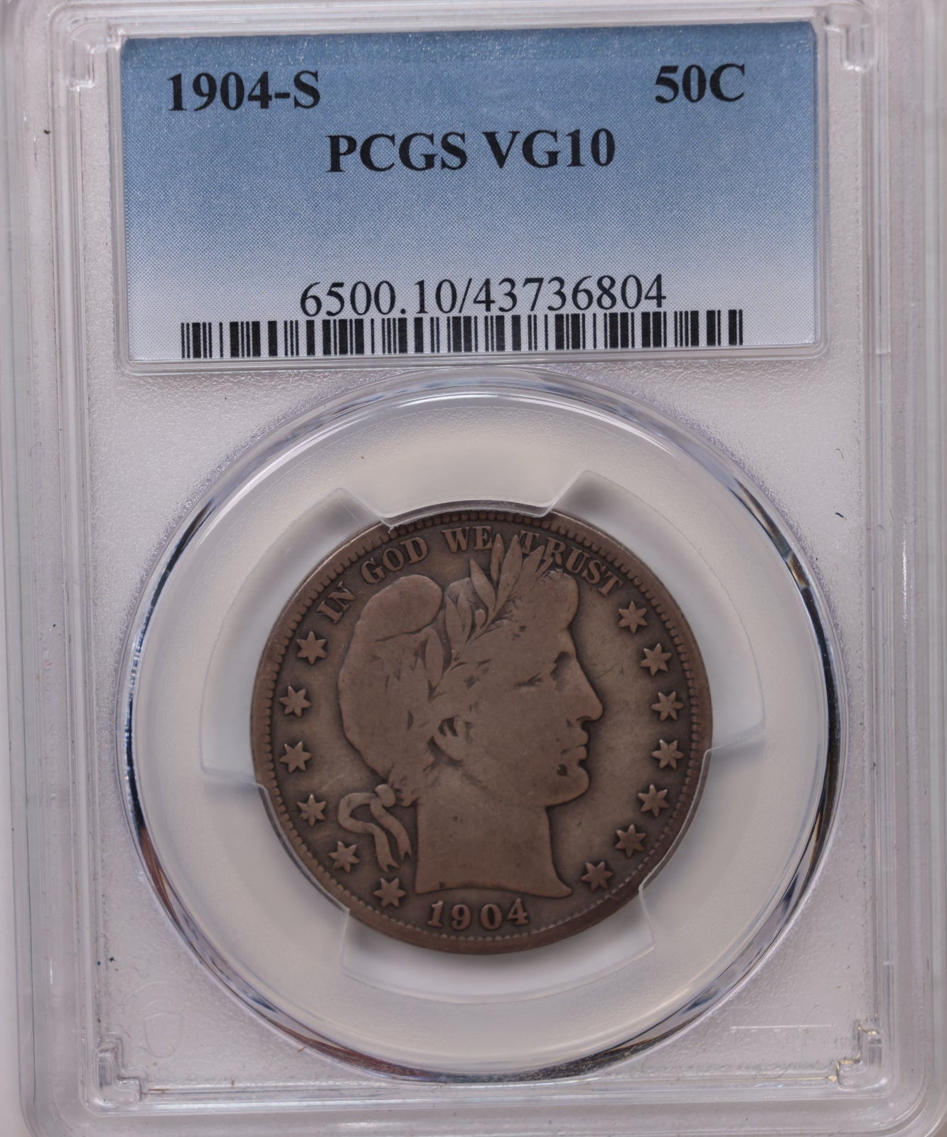 1904-S Barber SIlver Half Dollar, PCGS VG-10, Nice Eye Appeal, Store #HR2051.