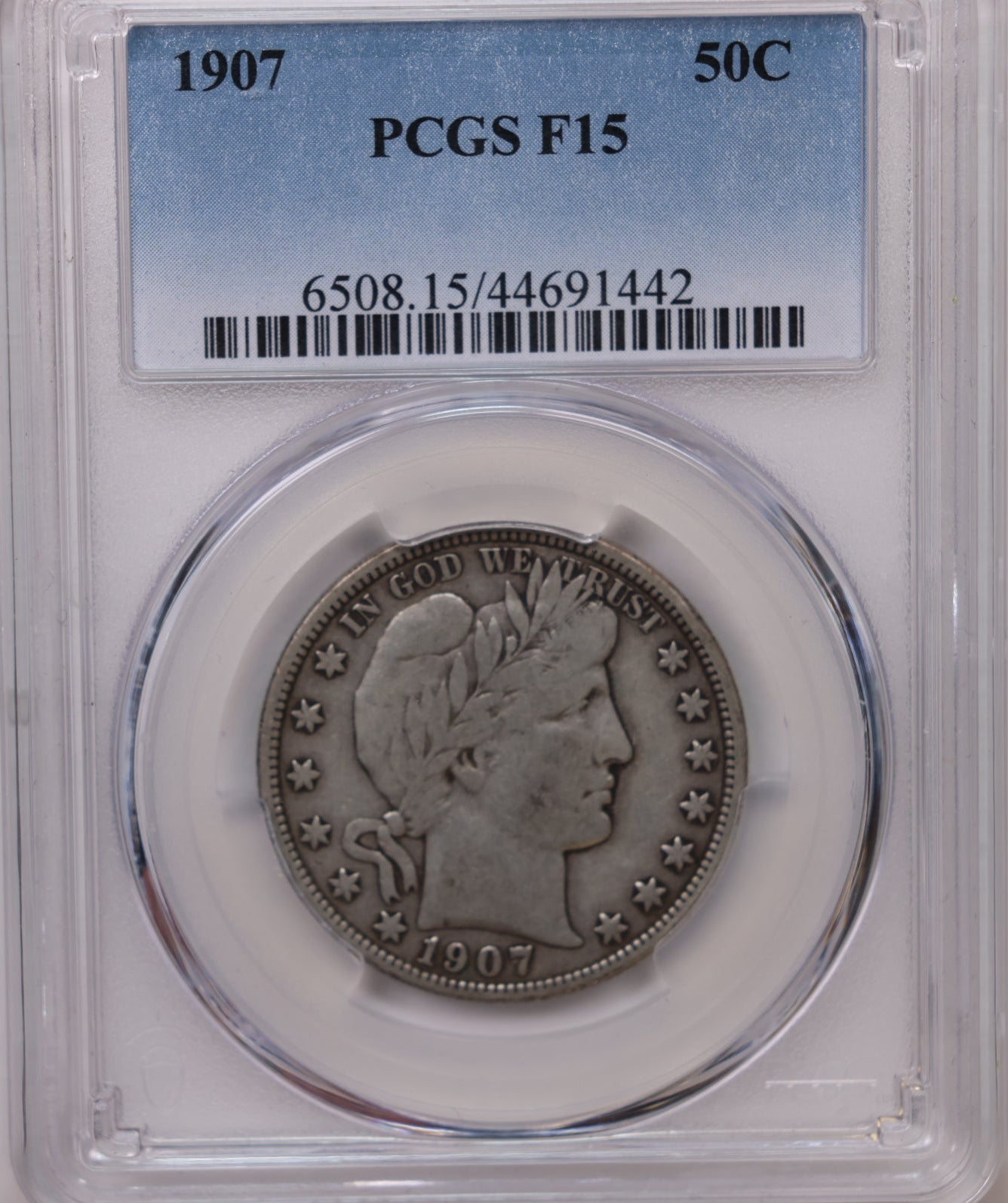 1907 Barber SIlver Half Dollar, PCGS F-15, Nice Eye Appeal, Store #HR2052.