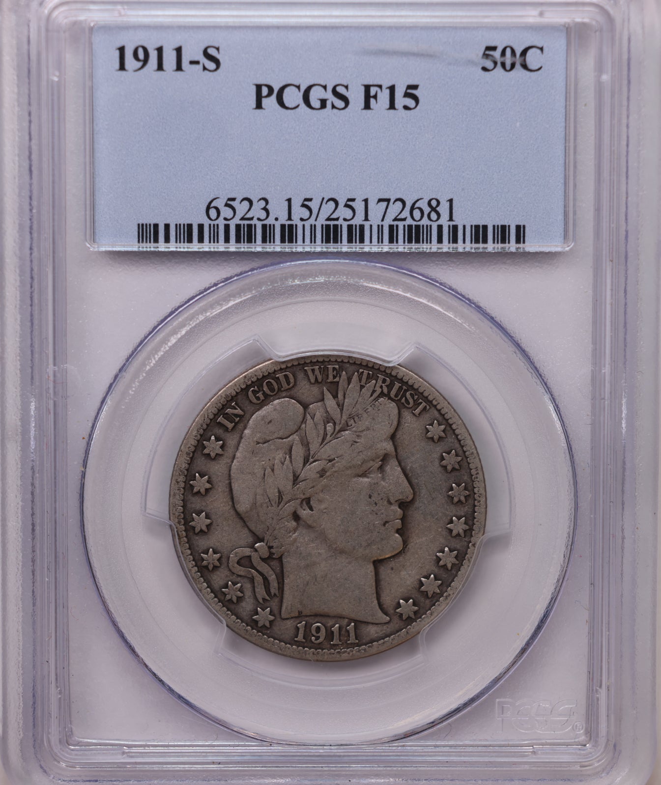 1911-S Barber SIlver Half Dollar, PCGS F-15, Nice Eye Appeal, Store #HR2053.