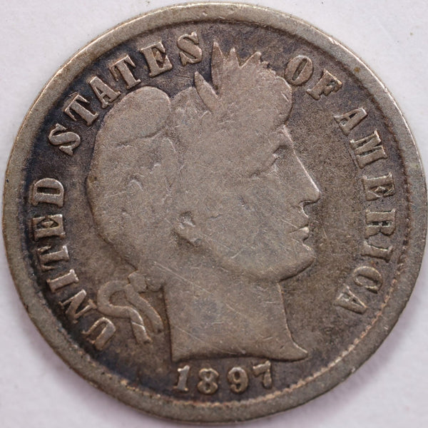 1897 Barber Silver Dime, Very Good Circulated Coin, Store #d897.03
