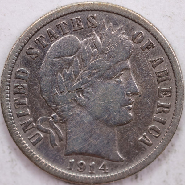 1914 Barber Silver Dime, Very Fine Circulated Coin, Store Sale #d914.11