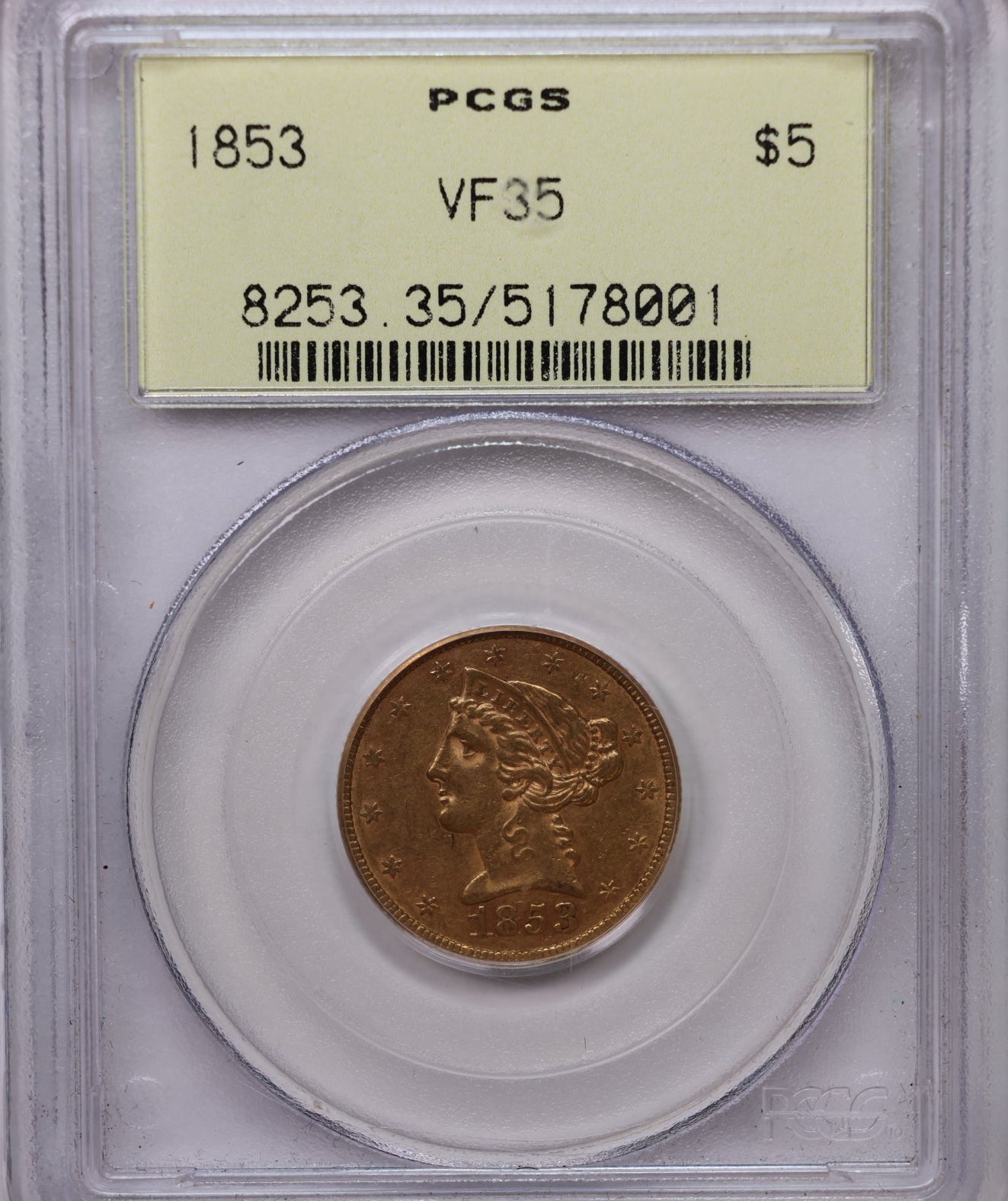 1853 $5 Gold Liberty, Half Eagle, PCGS VF-35, Store Sale #G003