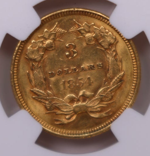 1854 $3 Gold Indian Princess Head, NGC AU-58, Store Sale #G004.