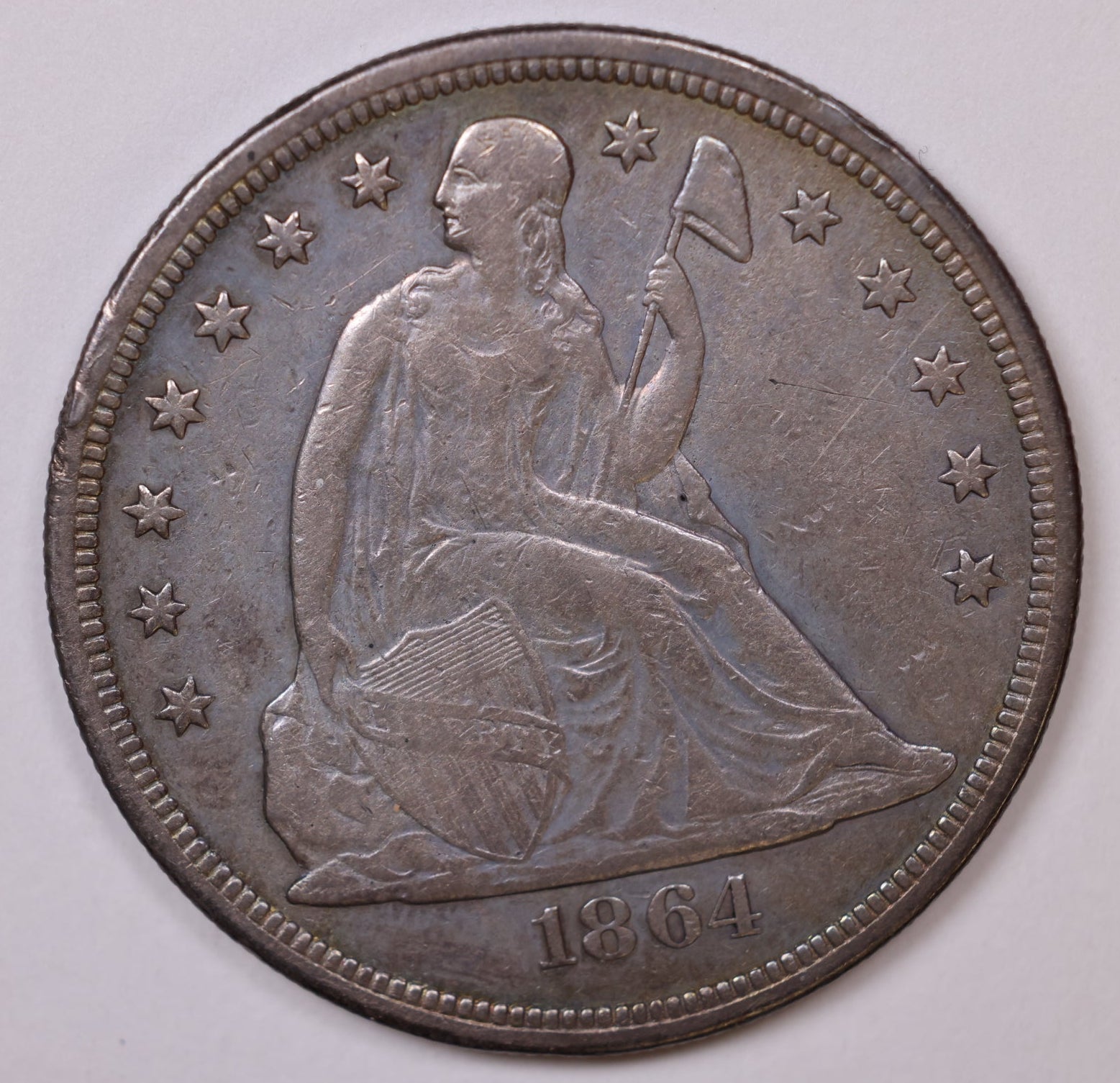 1864 Liberty Seated Silver Dollar, Very Fine Plus Coin, Store Sale #DR028.