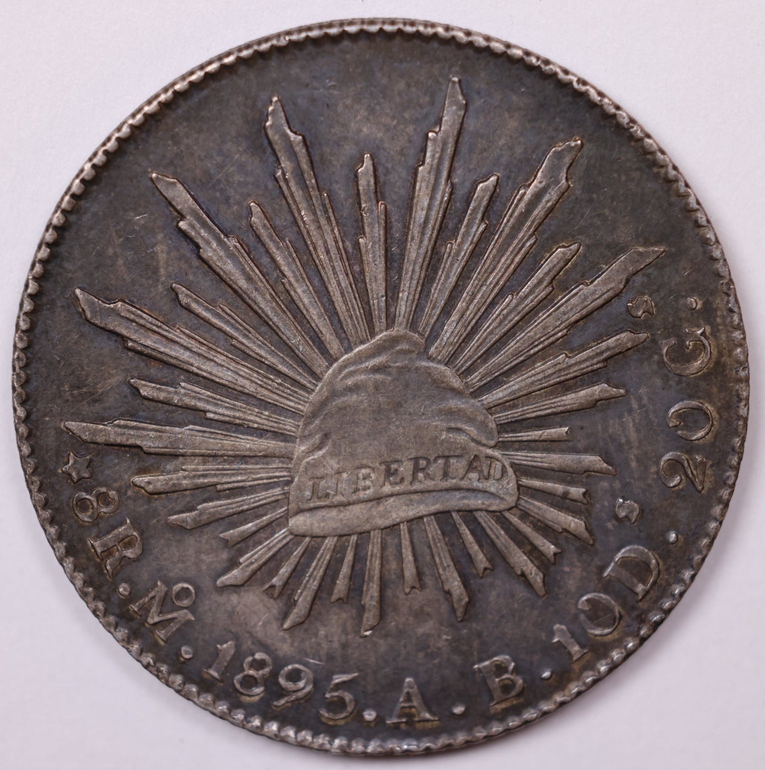 1895 Mexico 8 Reale, Extra Fine+ CIrculated Coin, 90% Silver, Store #FN009.