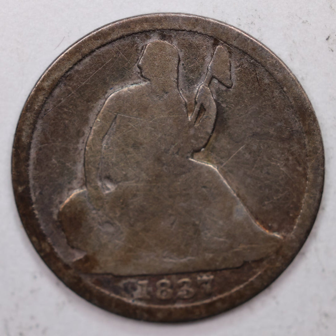 1837 Silver Half Dime, No Stars, Small Date, Good Circulated Coin, Store #HE002.