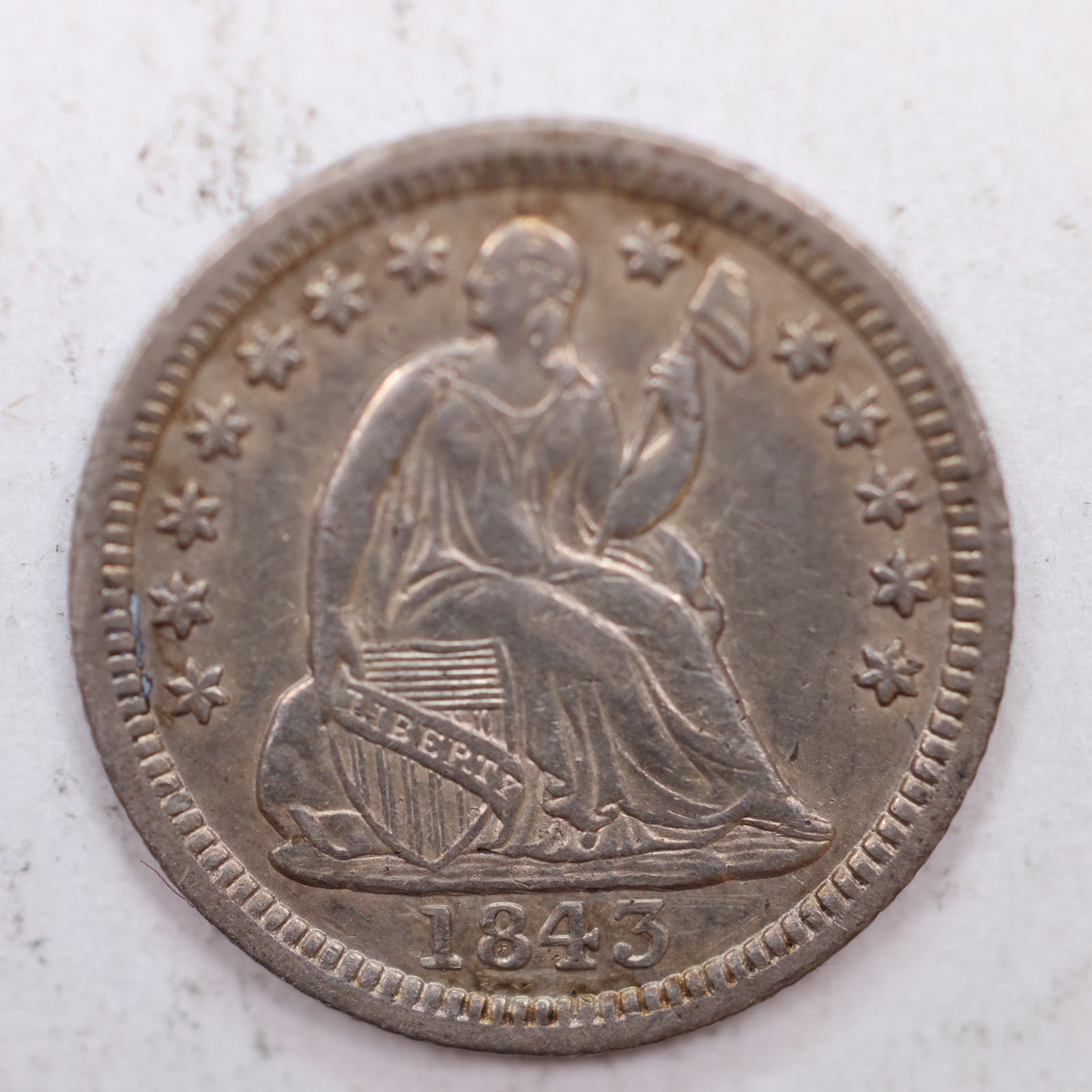1843 Seated Liberty Silver Half Dime, About Uncirculated Coin, Store #HE018.