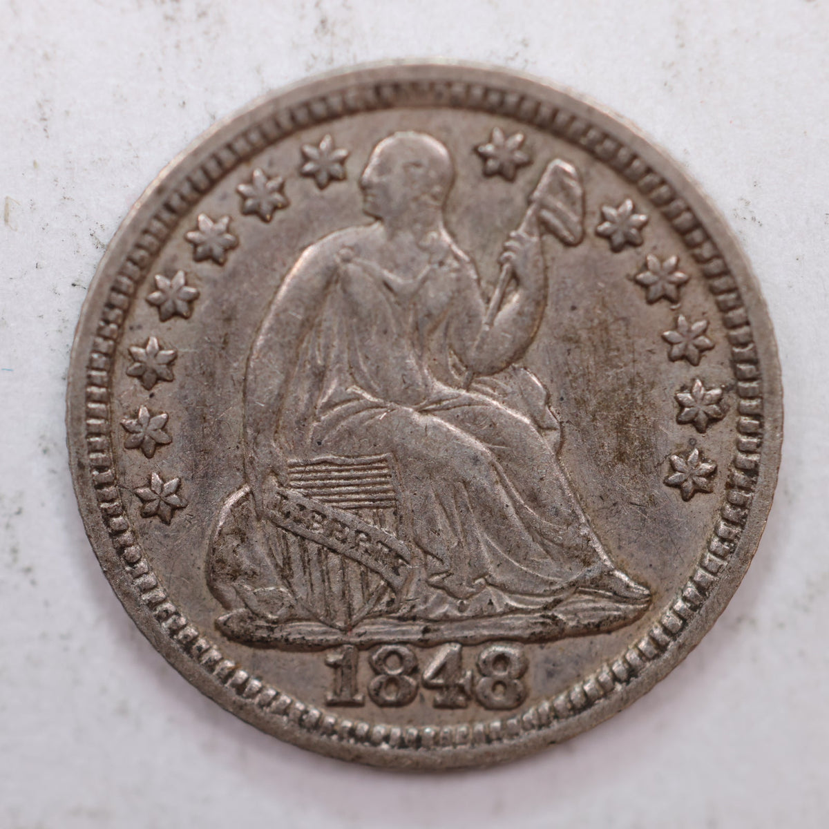 1848 Seated Liberty Silver Half Dime, 'Med Date', About Uncirculated, Store #HE020.
